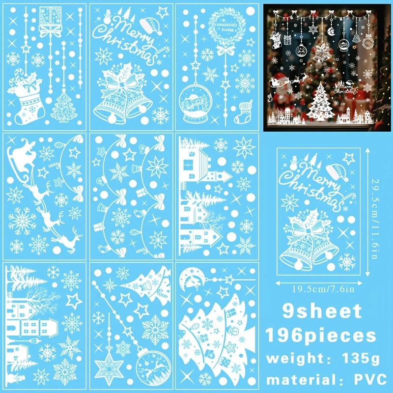 196 pièces/9 feuilles de décor - Snowflake Window Decal avis et prix